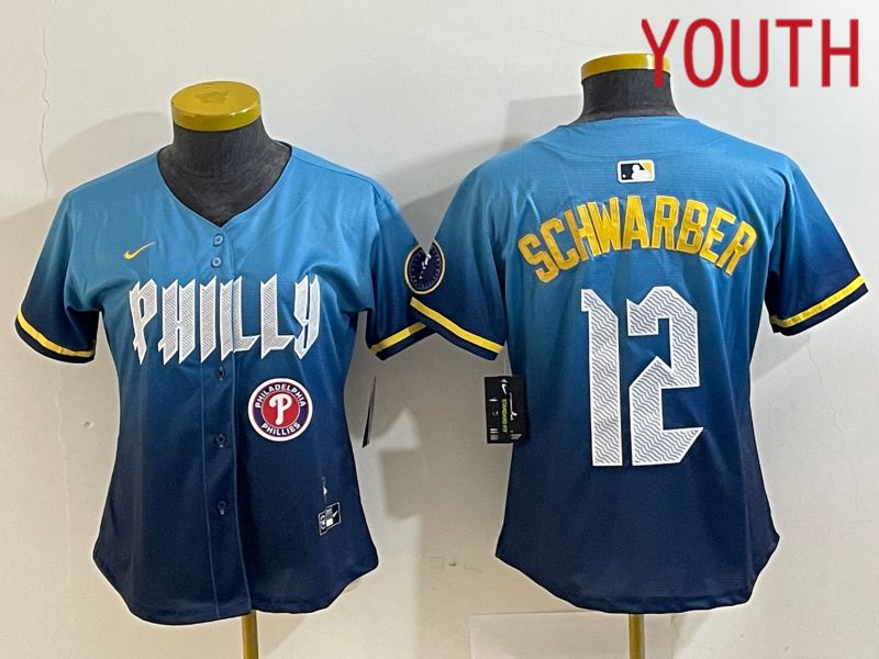 Youth Philadelphia Phillies #12 Schwarber Blue City Edition Nike 2024 MLB Jersey style 4